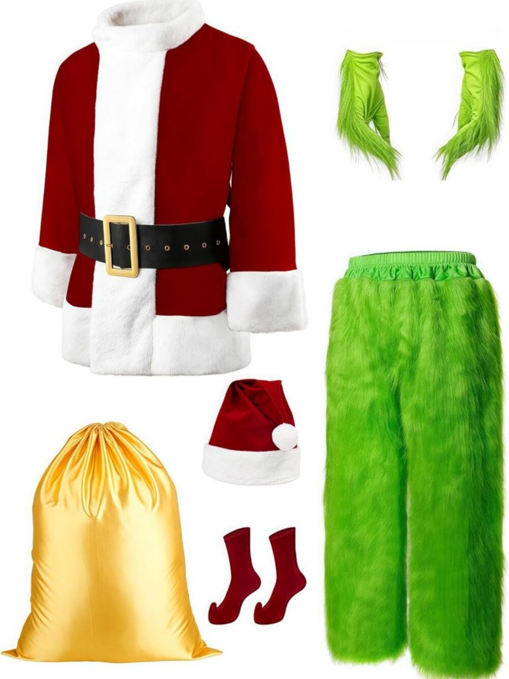Adult Halloween Green Costume Set - 8pcs Furry Santa Claus Outfit for Men